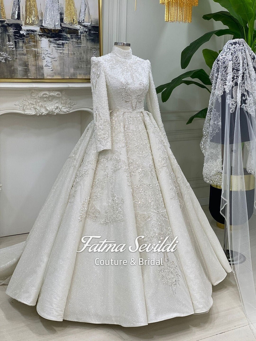 Veiled Modest Wedding Dress with Beaded Lace, High Neck Long Sleeve