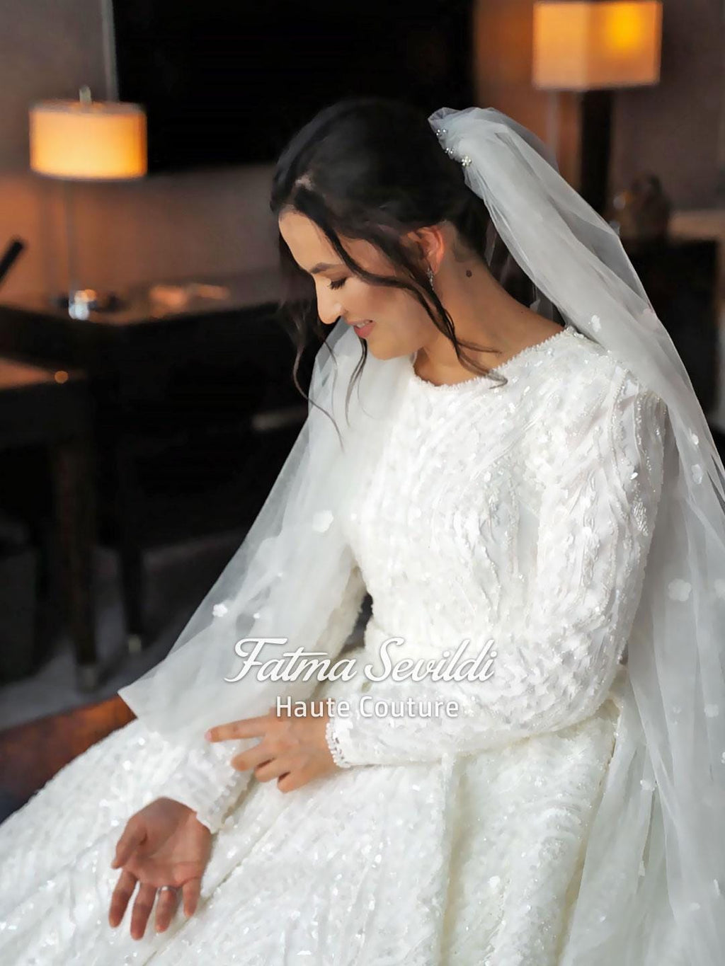 Elegant long-sleeve beaded lace A-line Muslim wedding gown