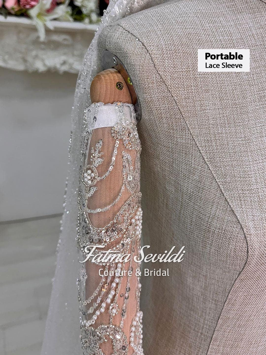 Delicate sheer silver lace detachable wedding sleeve with beading and pearls