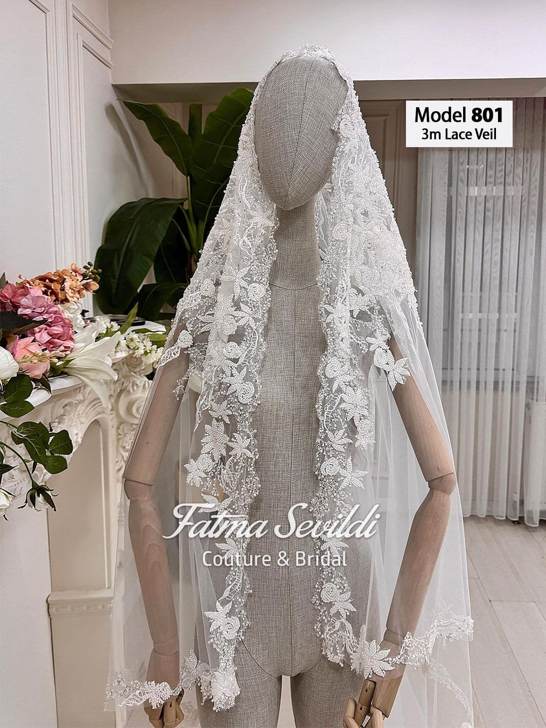 PART3 beaded lace edge cathedral bridal veil with floral embroidery