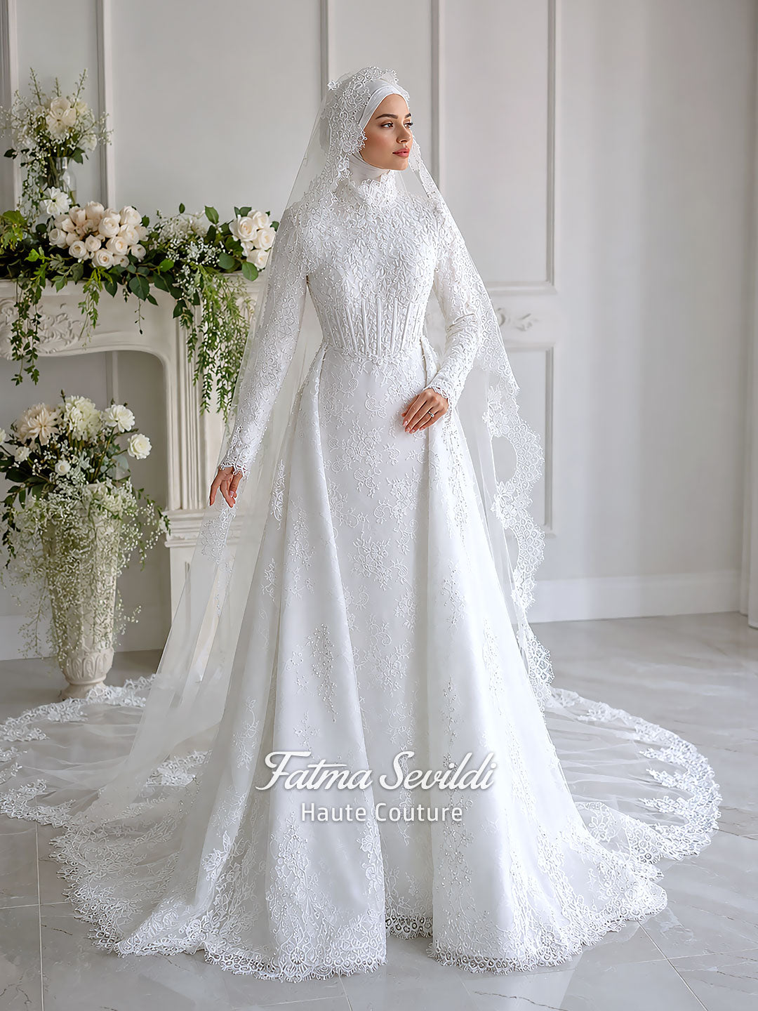 Hijab Wedding Dress, Veiled Detachable Mermaid Skirt Luxury Modest Muslim Bridal Gown 50 / White