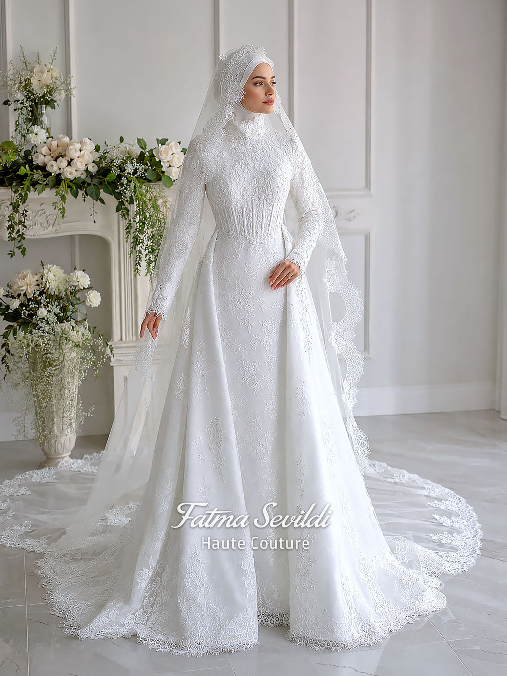 Hijab Wedding Dress, Veiled Detachable Mermaid Skirt Luxury Modest Muslim Bridal Gown