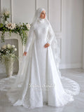 Hijab Wedding Dress, Veiled Detachable Mermaid Skirt Luxury Modest Muslim Bridal Gown