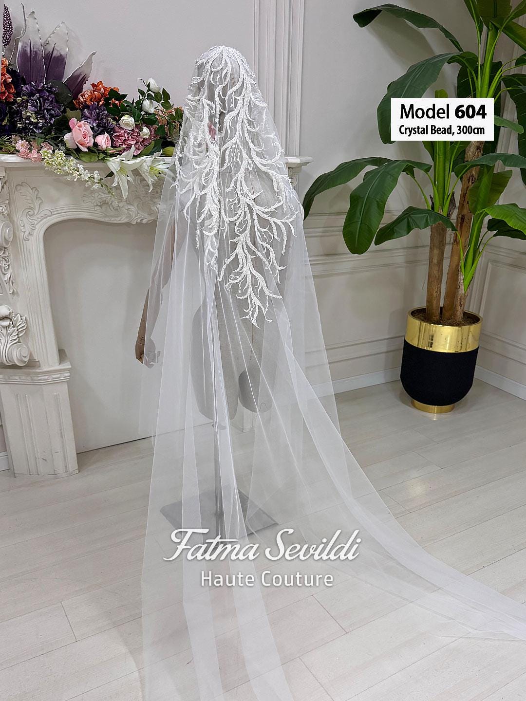PART10 beaded lace edge cathedral bridal veil with leaf embroidery