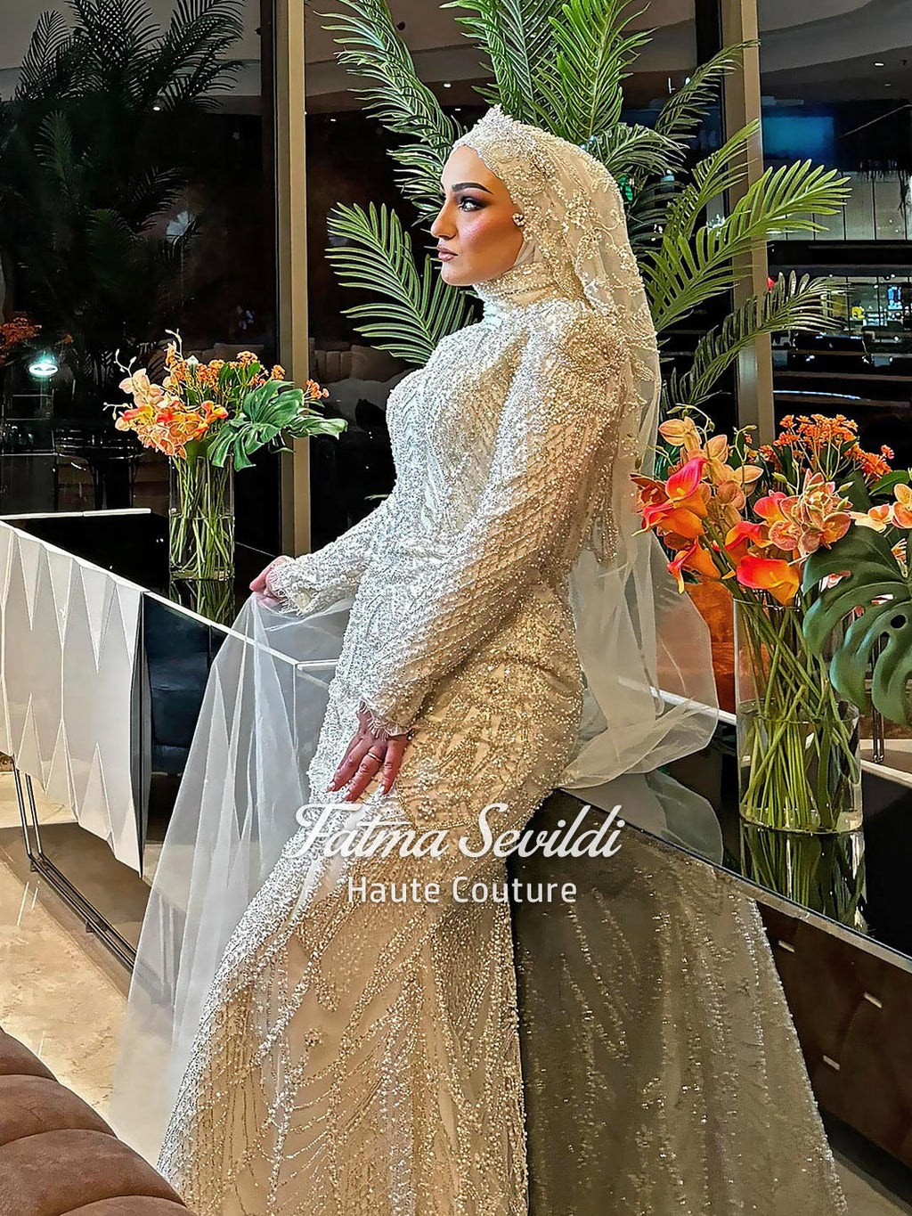 Luxury Hijab Wedding Dress, Sparkly Beaded Modest Bridal Gown, Long Sleeve