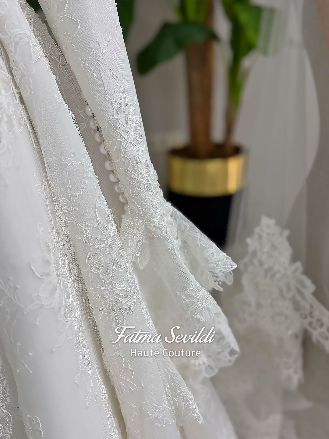 Luxury hijab wedding dress with A-line silhouette, beaded lace detailing and cathedral lace veil, modest long sleeve bridal gown for Muslim bride