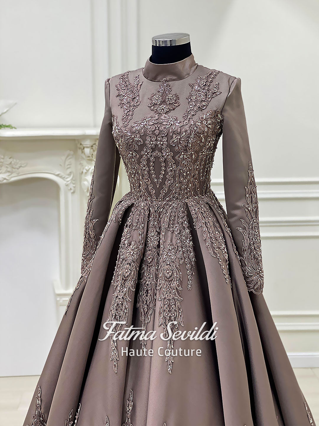 evening dress for hijabis Hijab Engagement with Long Cloak, Beaded Lace Ballgown, Custom Hijab Bridal 48 / White Color:Sage/White Women's Fit & Flare style design provides graceful Ecom Style:AP1D105287