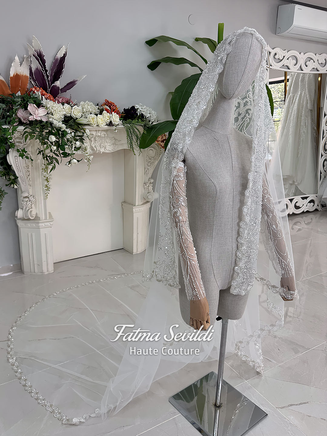 Detachable Beaded Wedding Sleeves with Optional Lace Veil, Luxury Modest Bridal Accessories