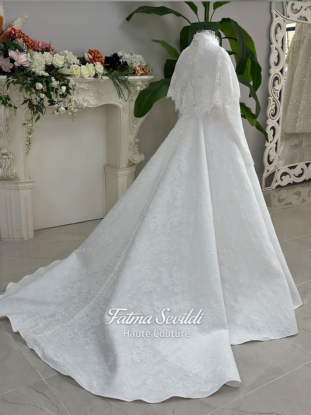 Hijab Wedding Dress with Detachable Lace Cape | Cathedral Train Modest Bridal Gown