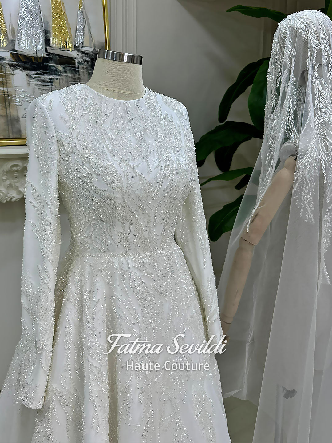 muslimah bridal dress Hijab Wedding Dress Long Sleeve A-Line Beaded Gown with Veiled Lace Cathedral Veil 48 / Ivory