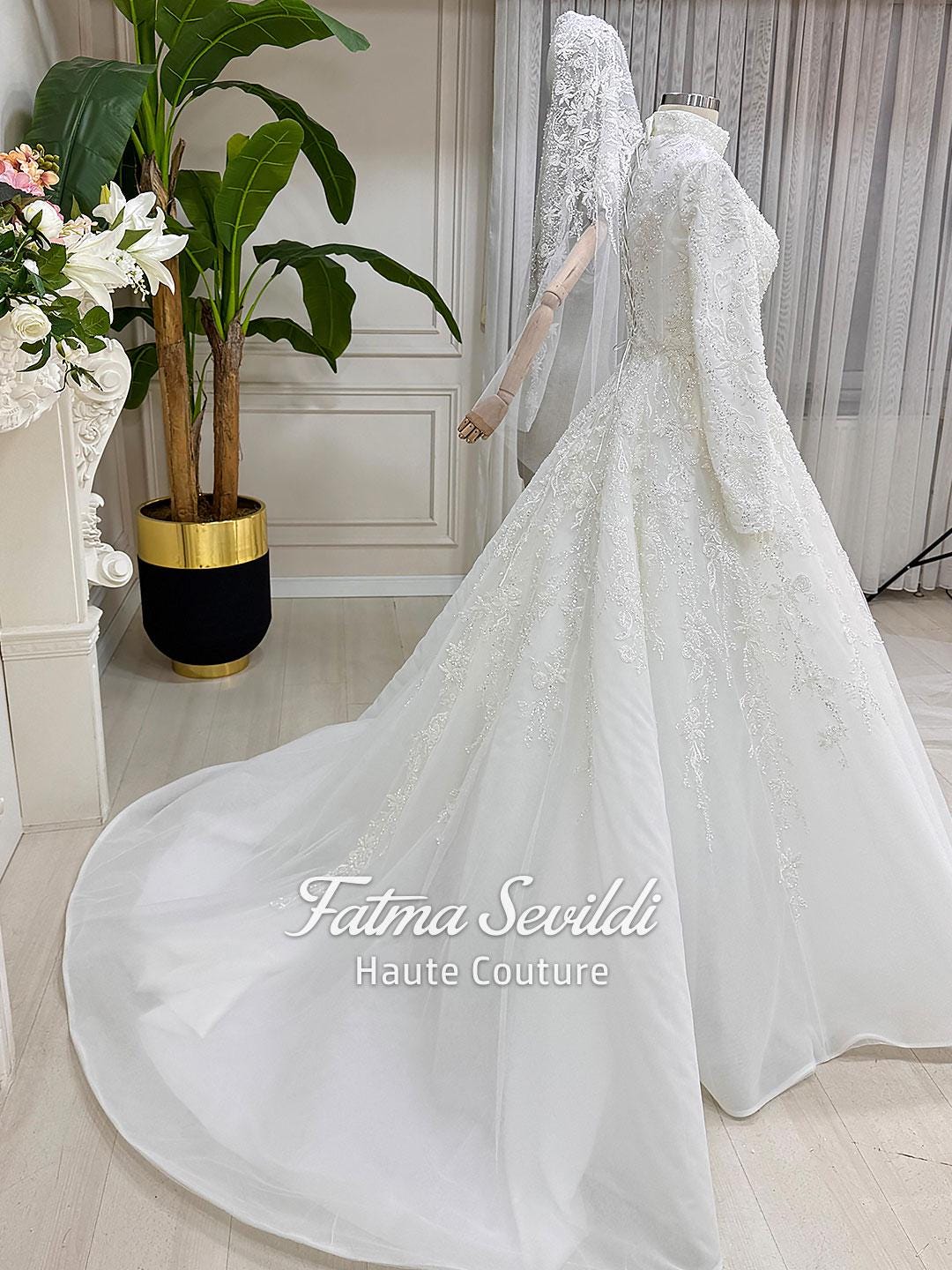 Veiled A-Line hijab wedding dress with beaded lace long sleeves