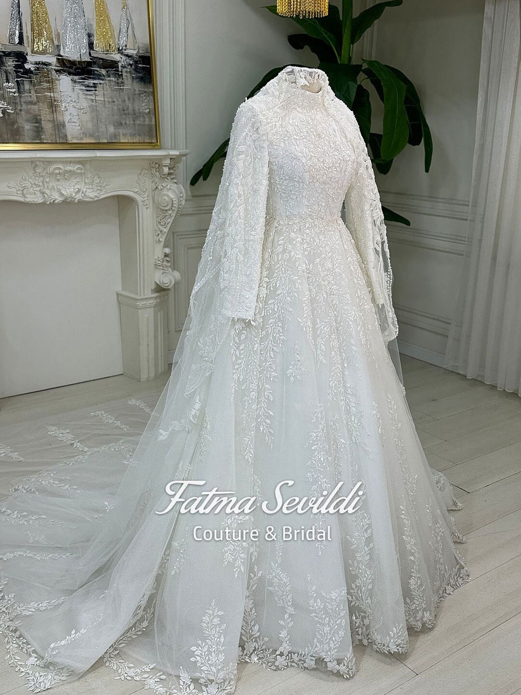 Elegant veiled hijab wedding dress with beaded lace high neck long sleeves