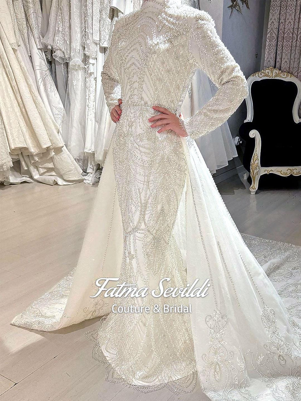 Veiled Mermaid Hijab Wedding Dress with Beaded Lace and Detachable Skirt