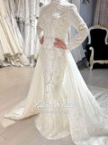 Veiled Mermaid Hijab Wedding Dress with Beaded Lace and Detachable Skirt