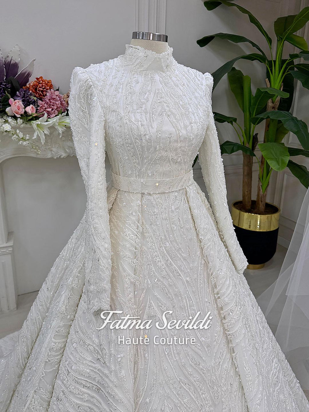 A-line hijab wedding dress with beaded lace, high neck, long sleeves