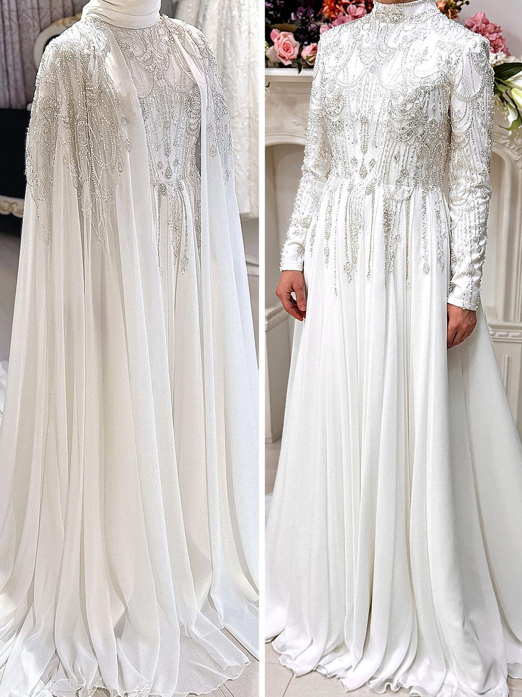 Elegant white satin Muslim bridal gown with silver beading and flowing cape