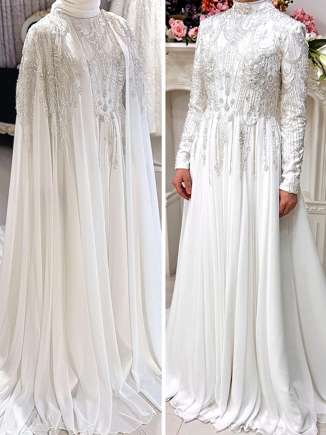 Elegant white satin Muslim bridal gown with silver beading and flowing cape