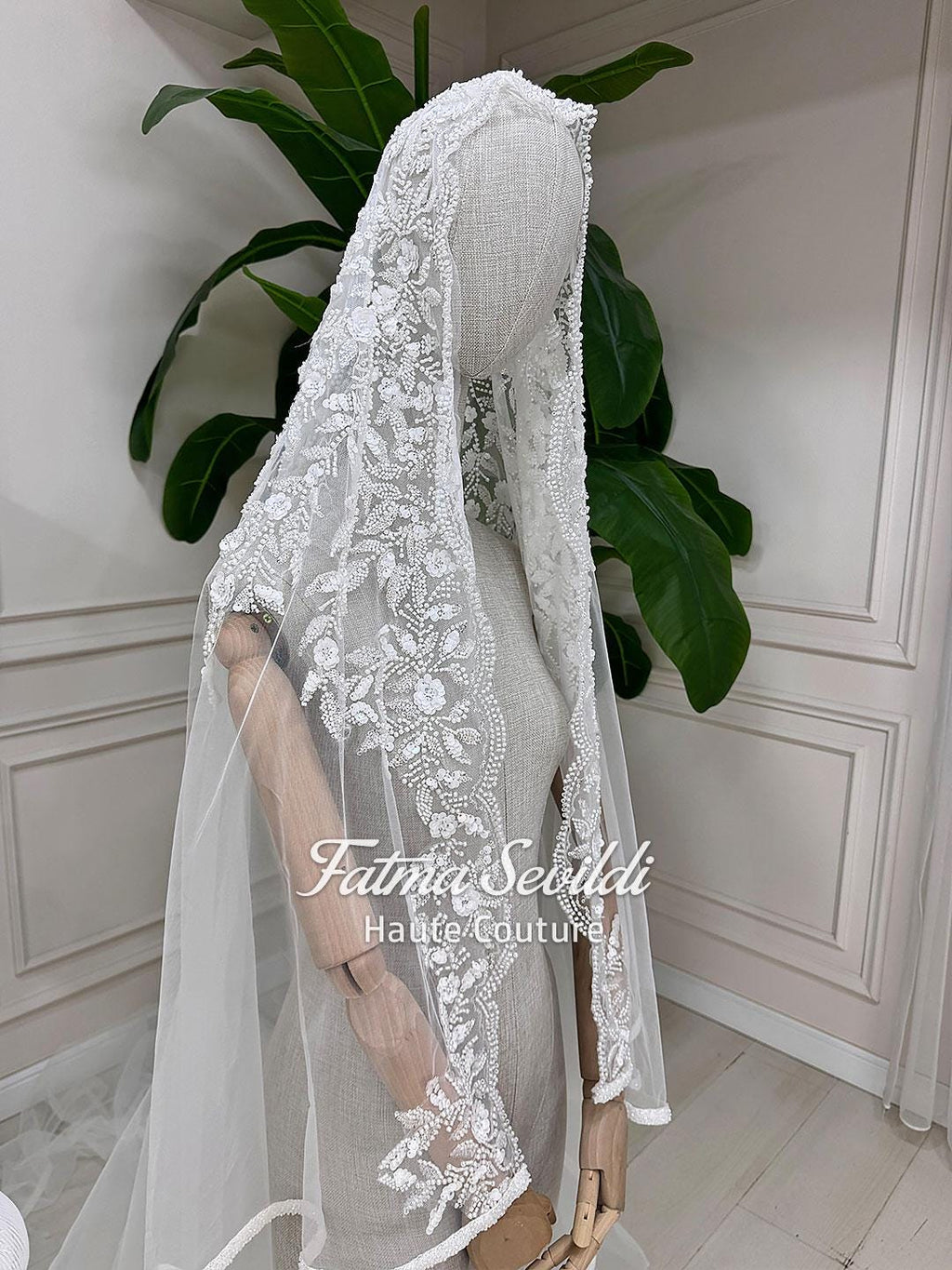 White lace bridal veil with floral embroidery for veiled hijab ballgown