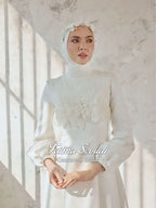 3D beaded lace modest wedding dress with long sleeves and high neckline