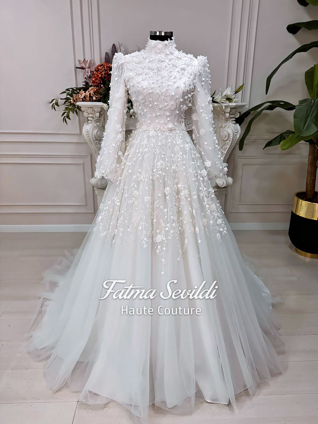 3D Floral Modest Wedding Dress, Hijab Bridal Gown, High Neck Long Sleeve