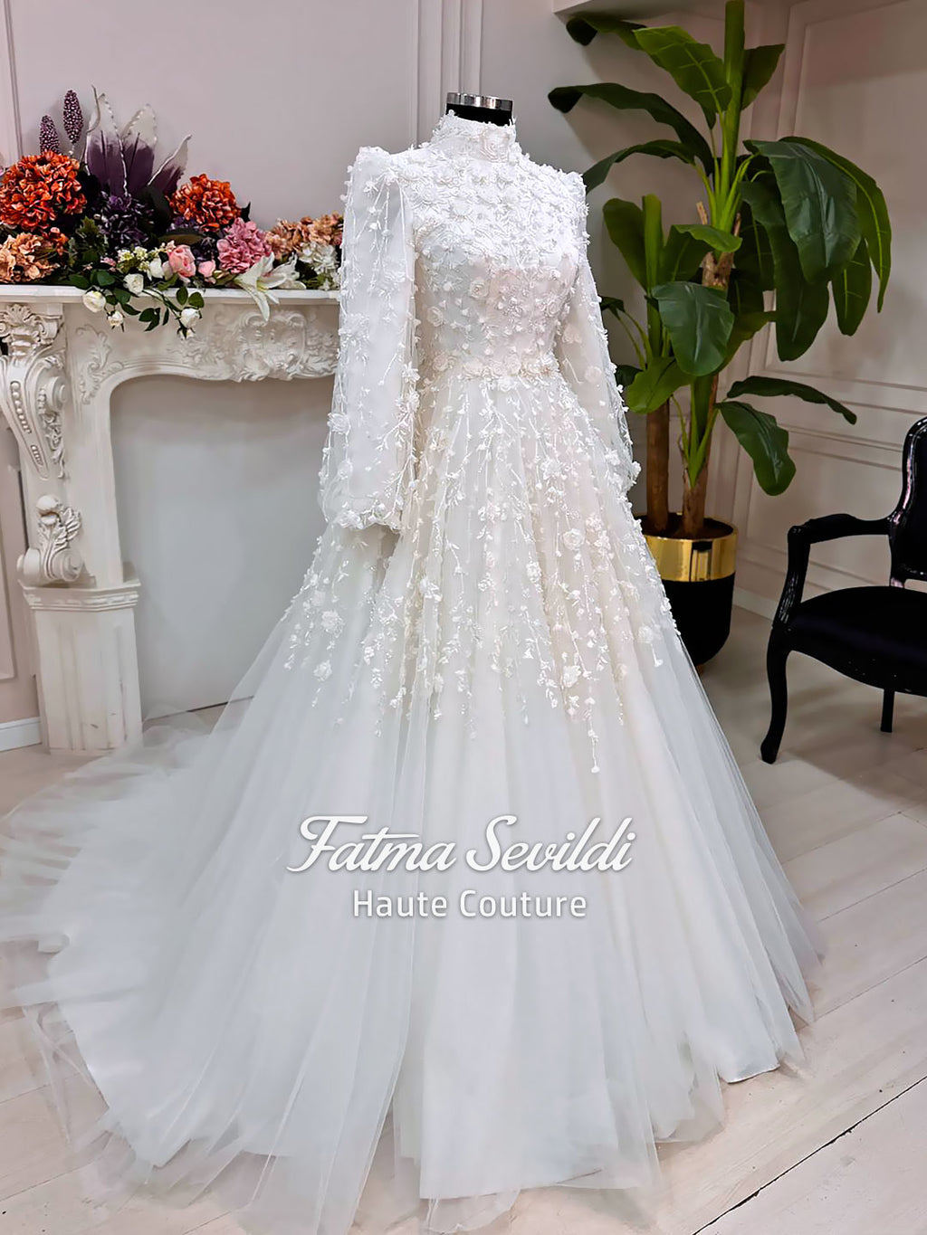 3D Floral Modest Wedding Dress, Hijab Bridal Gown, High Neck Long Sleeve