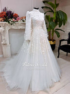 3D Floral Modest Wedding Dress, Hijab Bridal Gown, High Neck Long Sleeve