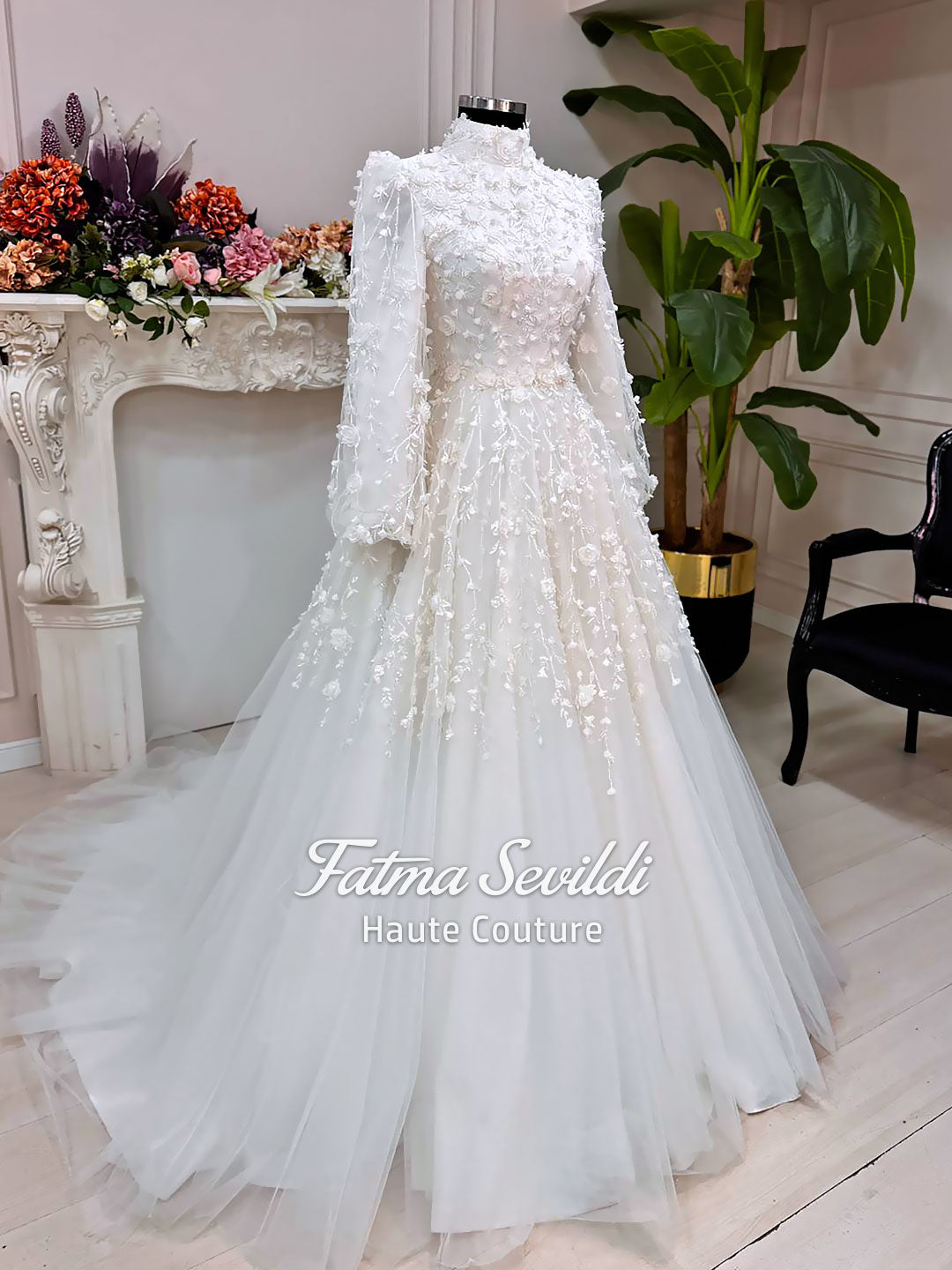 3D Floral Modest Wedding Dress, Hijab Bridal Gown, High Neck Long Sleeve