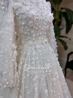 3D Floral Modest Wedding Dress, Hijab Bridal Gown, High Neck Long Sleeve