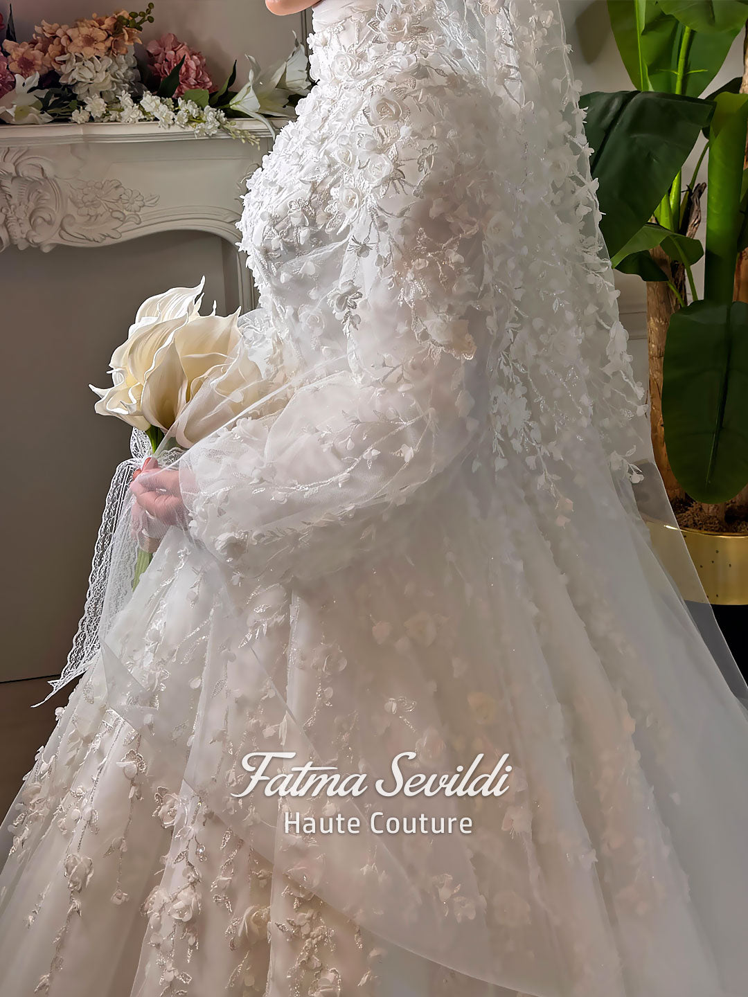 3D Floral Modest Wedding Dress, Hijab Bridal Gown, High Neck Long Sleeve