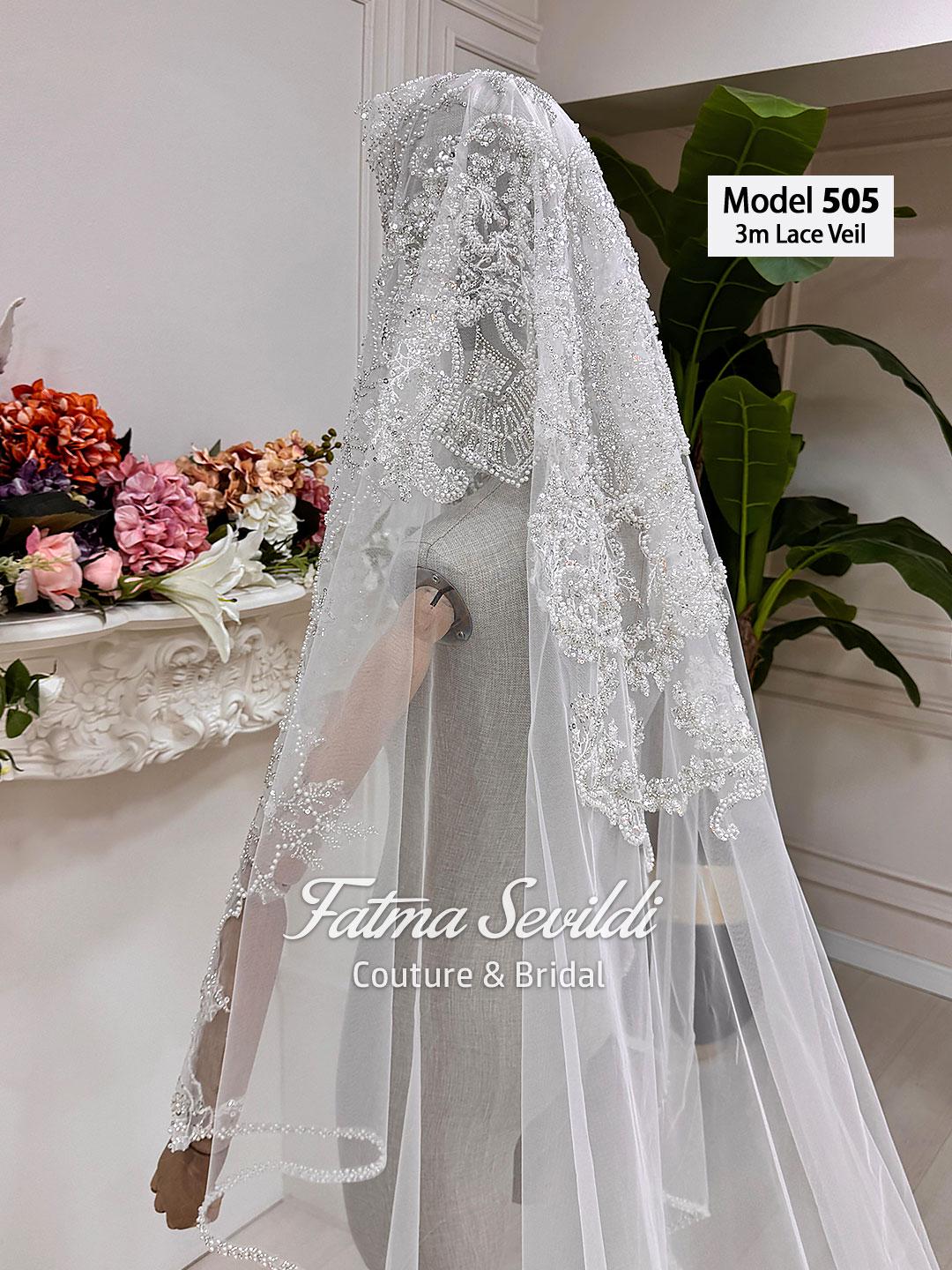 Delicate 3m beaded lace cathedral veil with glitter tulle, hand-sewn applique, hijab option from Fatma Sevildi Couture