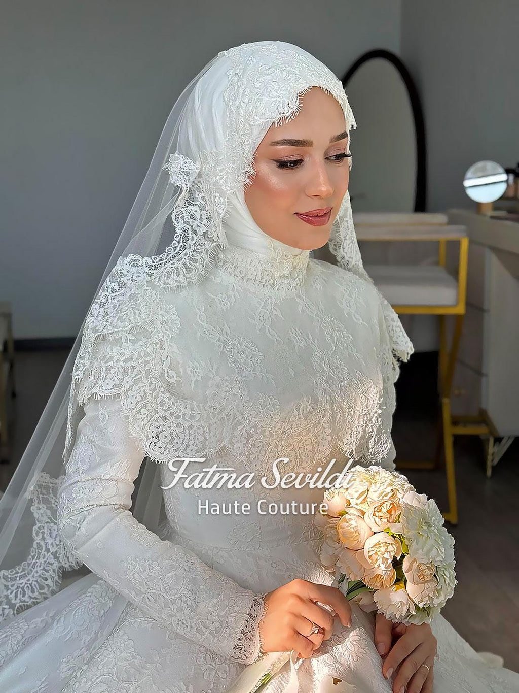 Elegant white lace Muslim wedding dress with veiled high neckline