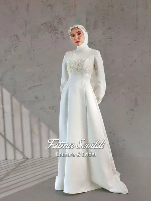 3D beaded lace modest wedding dress with long sleeve high neck satin A-line gown