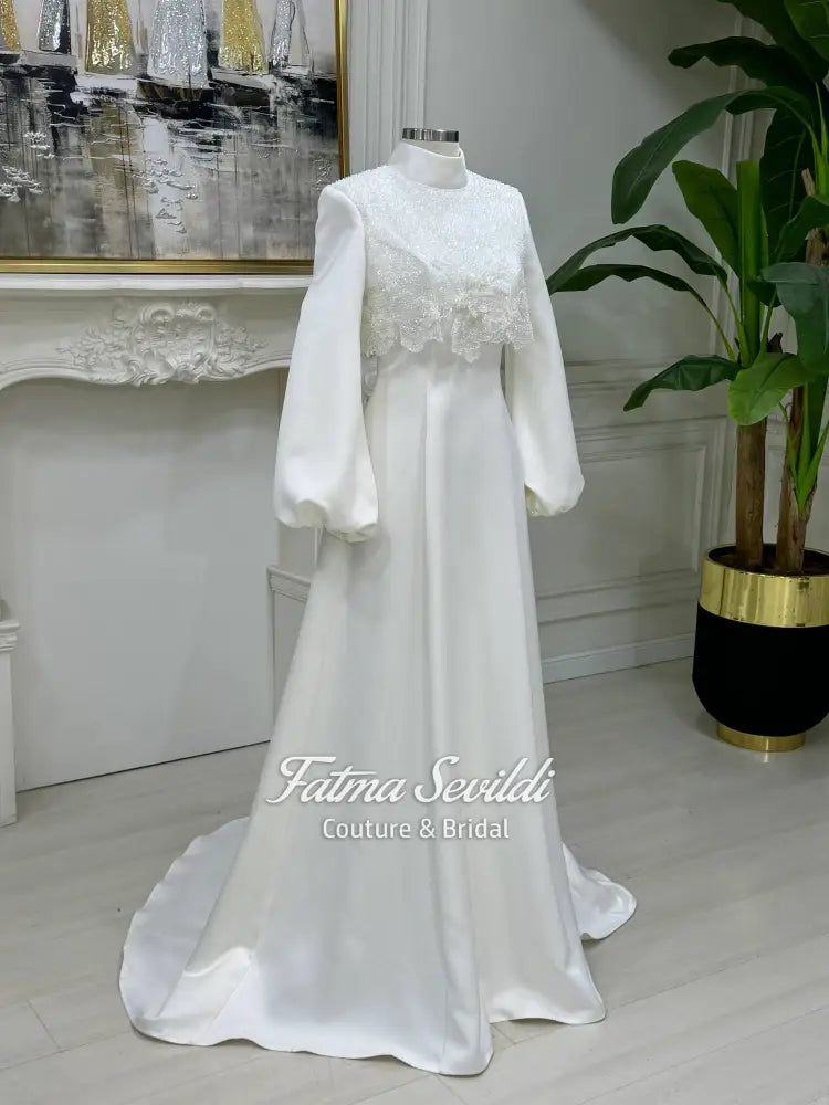 Elegant 3D beaded lace modest wedding dress with high neck and long sleeves