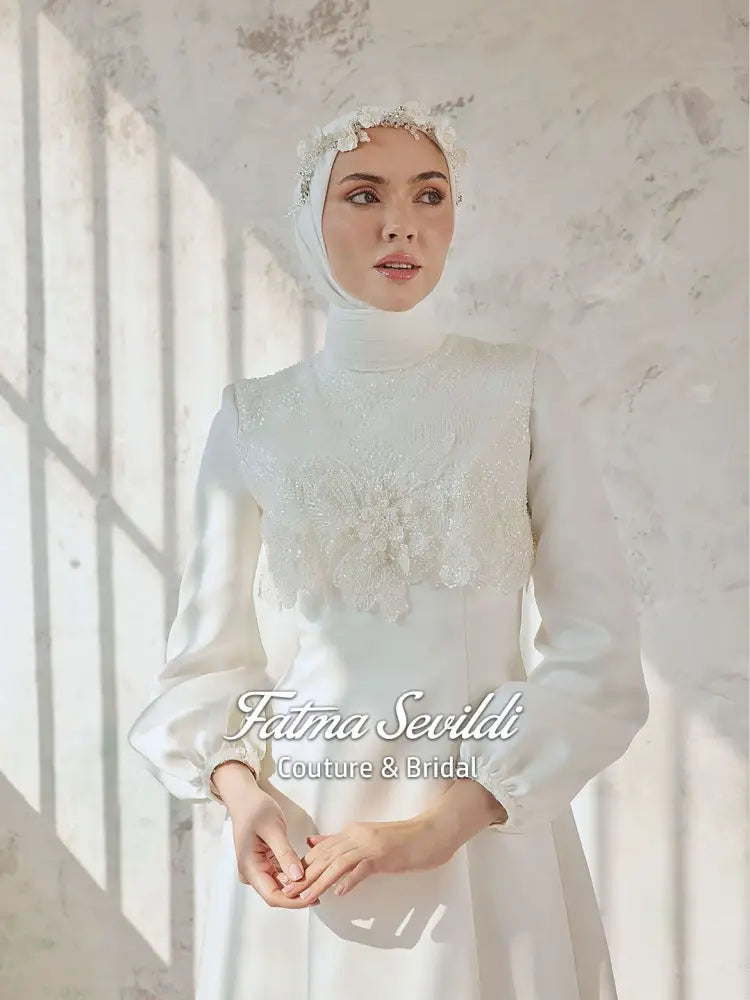3D beaded lace modest wedding dress with long sleeves and high neckline
