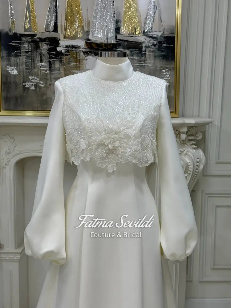 3D beaded lace modest wedding dress with high neck, long puffy sleeves