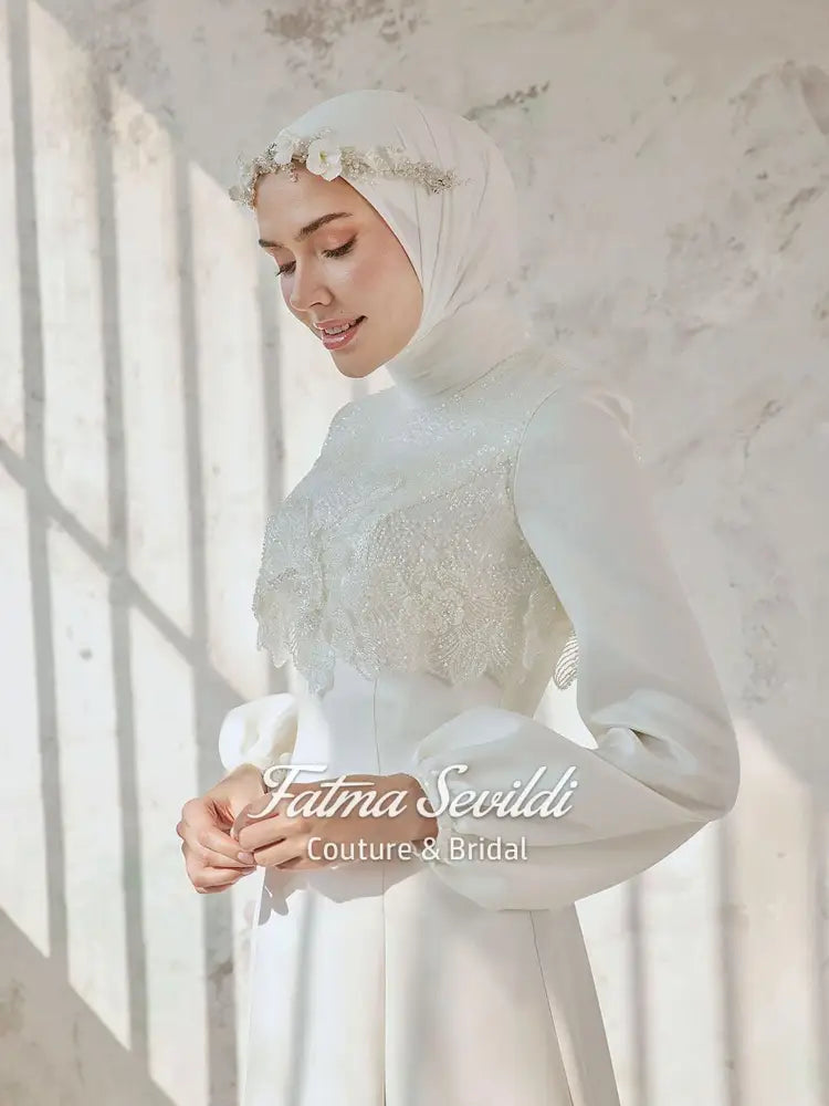 3D Beaded Lace Modest Wedding Dress with Long Sleeves and High Neckline