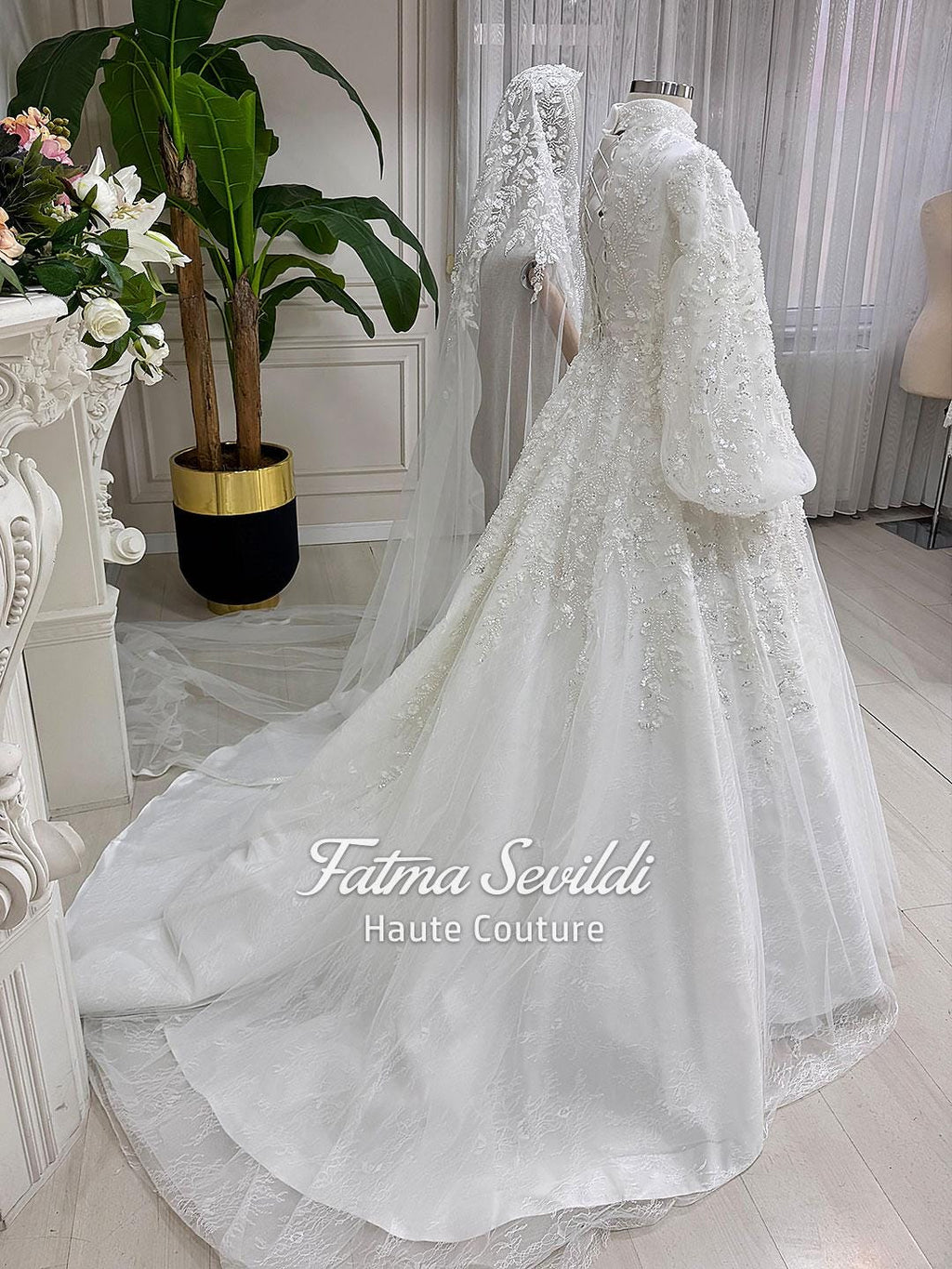 Elegant veiled hijab wedding dress with beaded lace high neck long sleeves