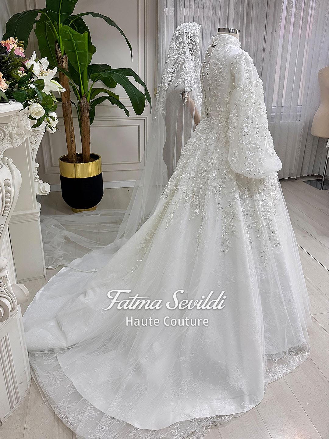Elegant veiled hijab wedding dress with beaded lace high neck long sleeves
