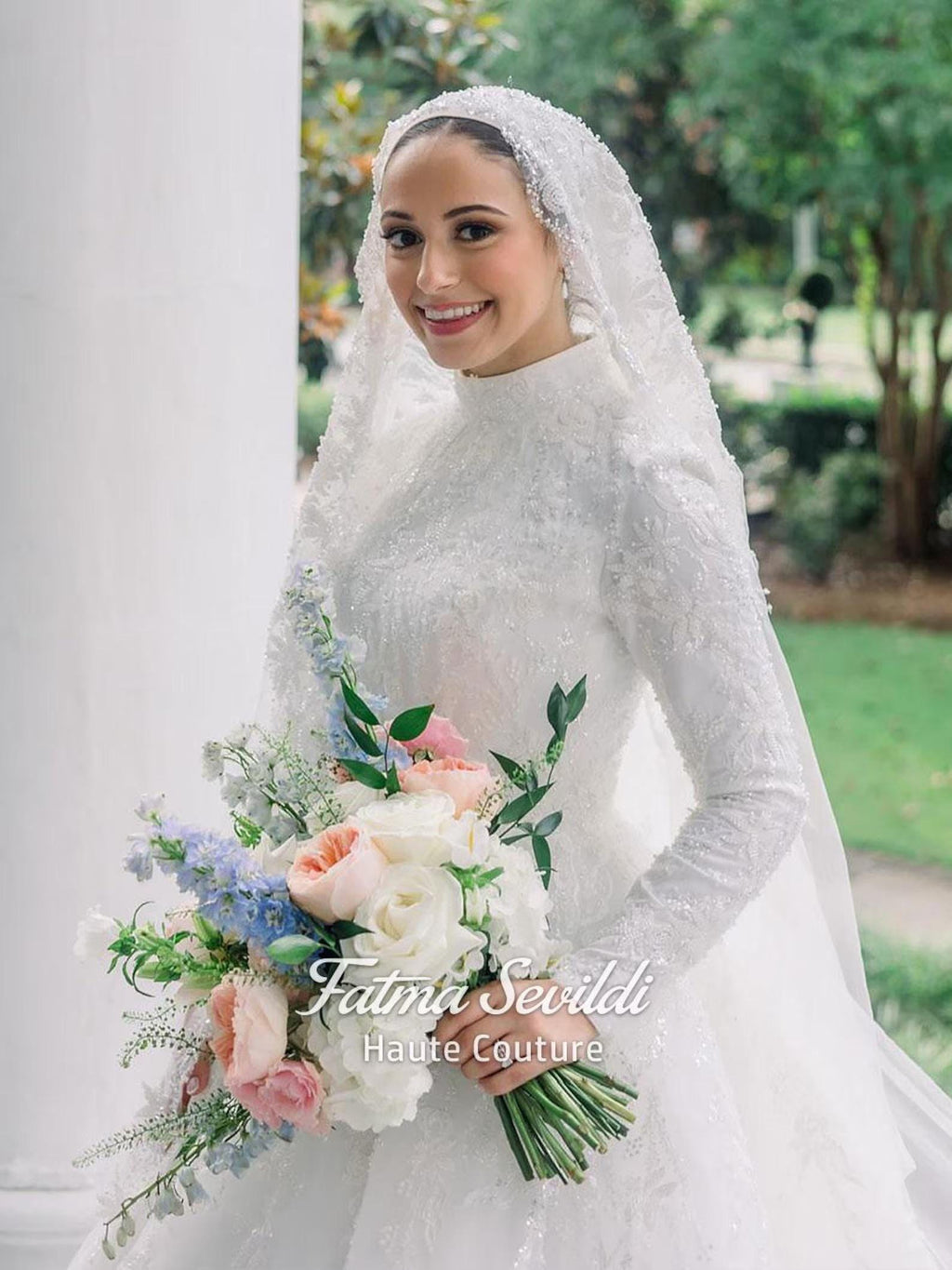 Veiled hijab white lace wedding gown with high neck, long sleeves, beaded edges