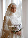 White beaded lace A-line hijab wedding dress with long sleeves