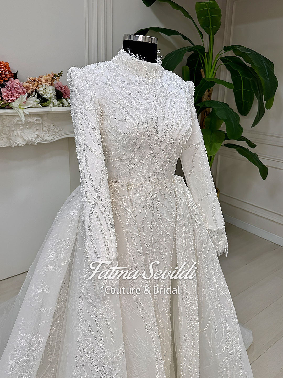 Veiled mermaid hijab wedding dress with beaded lace long sleeves