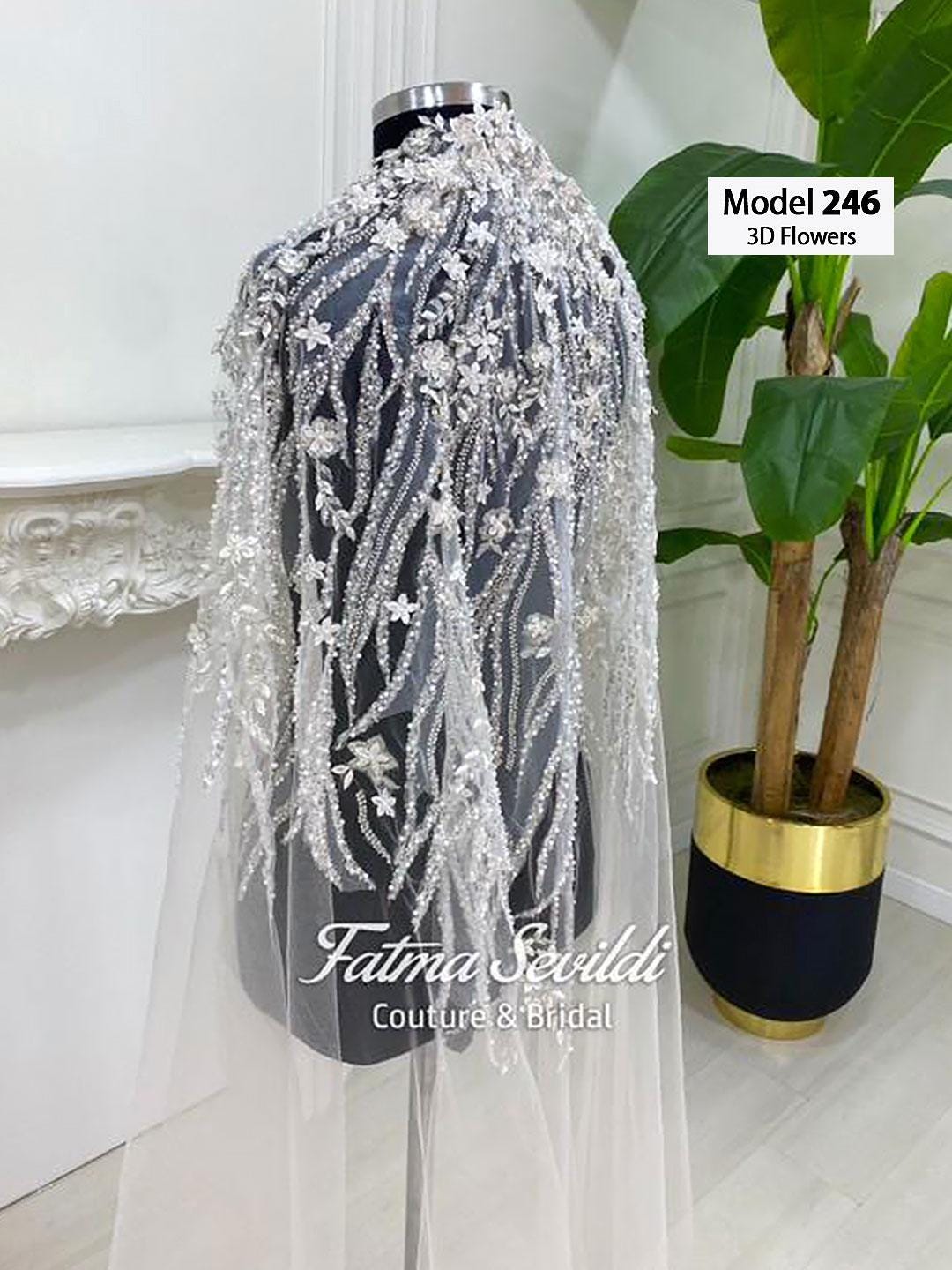 Pearl lace cathedral bridal veil with silver 3D floral embroidery and beading
