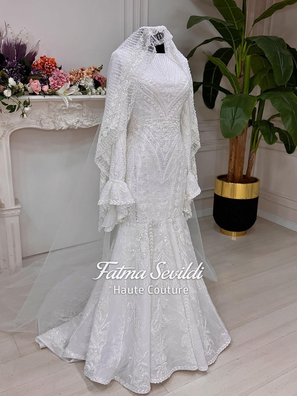 Veiled Hijab beaded lace high neck long sleeve mermaid wedding gown
