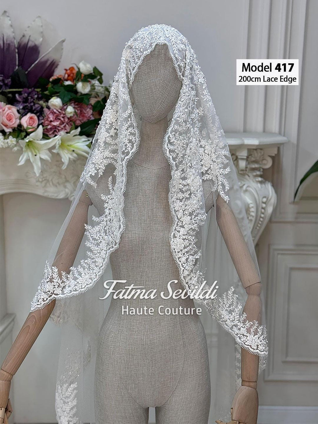 PART10 beaded lace edge cathedral bridal veil with floral pattern