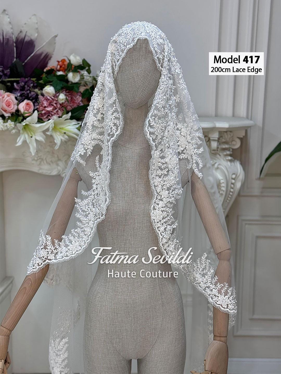 PART10 beaded lace edge cathedral bridal veil with floral pattern