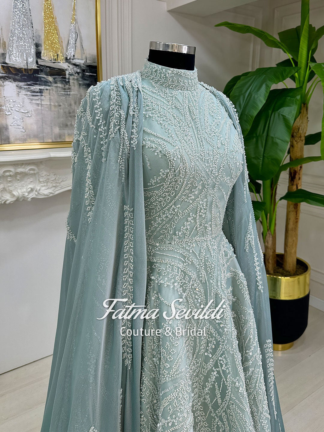 Elegant light blue caped lace hijab gown with beaded details