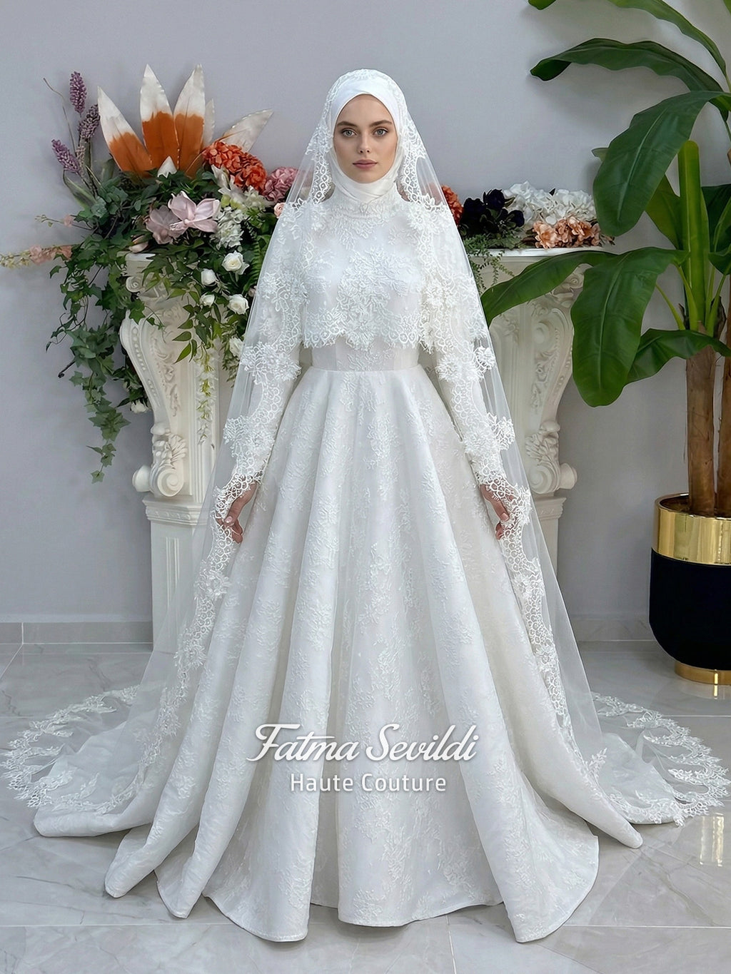 Elegant hijab wedding dress with long sleeves, high neck, detachable lace cape, cathedral train, and premium lace veil included. Luxury modest bridal couture gown in white with floral lace detailing.
