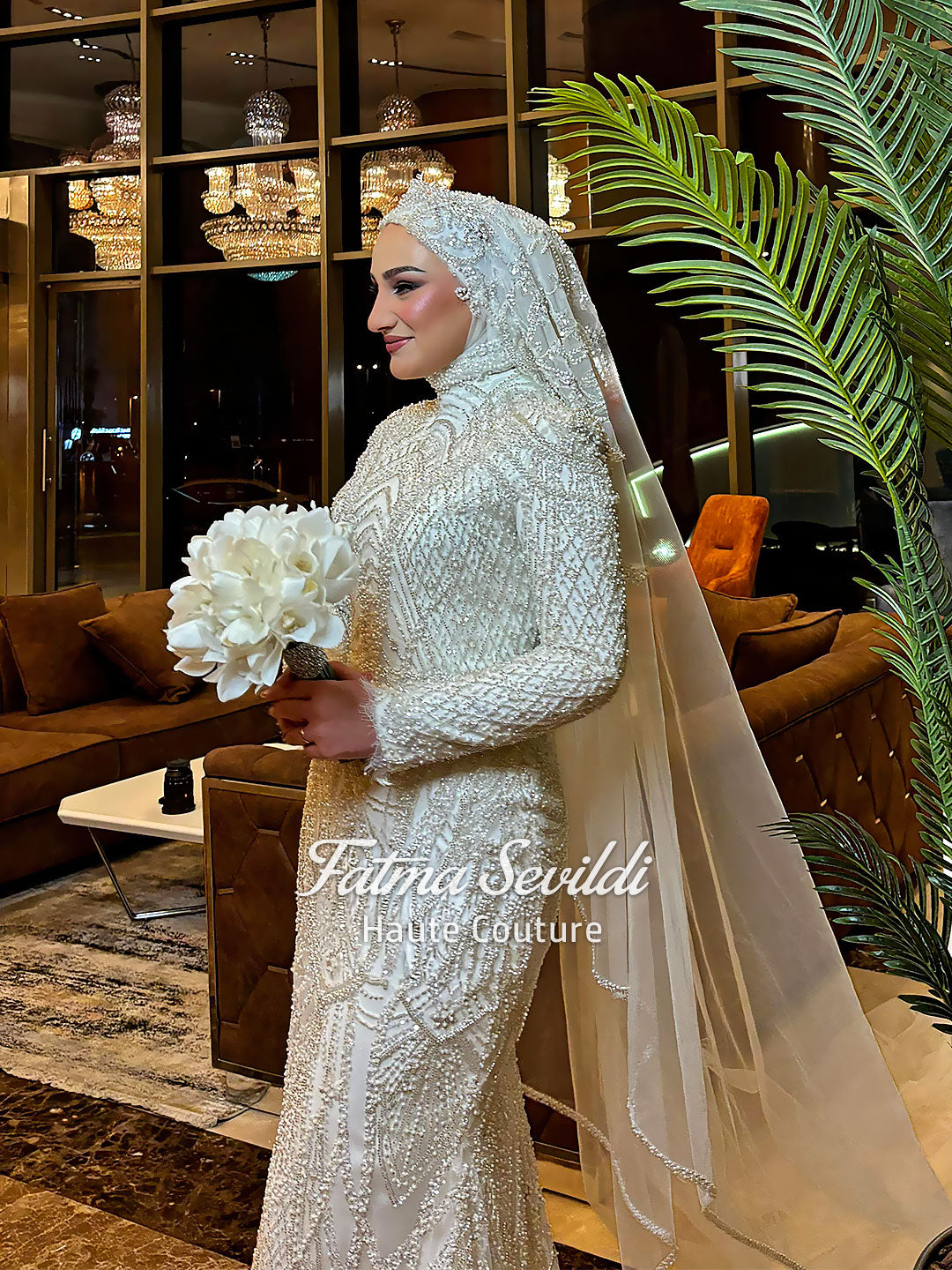 Luxury Hijab Wedding Dress, Sparkly Beaded Modest Bridal Gown, Long Sleeve 40 / White Luxury Hijab Wedding Dress, Sparkly Beaded Modest Bridal Gown, Long Sleeve 40 / White