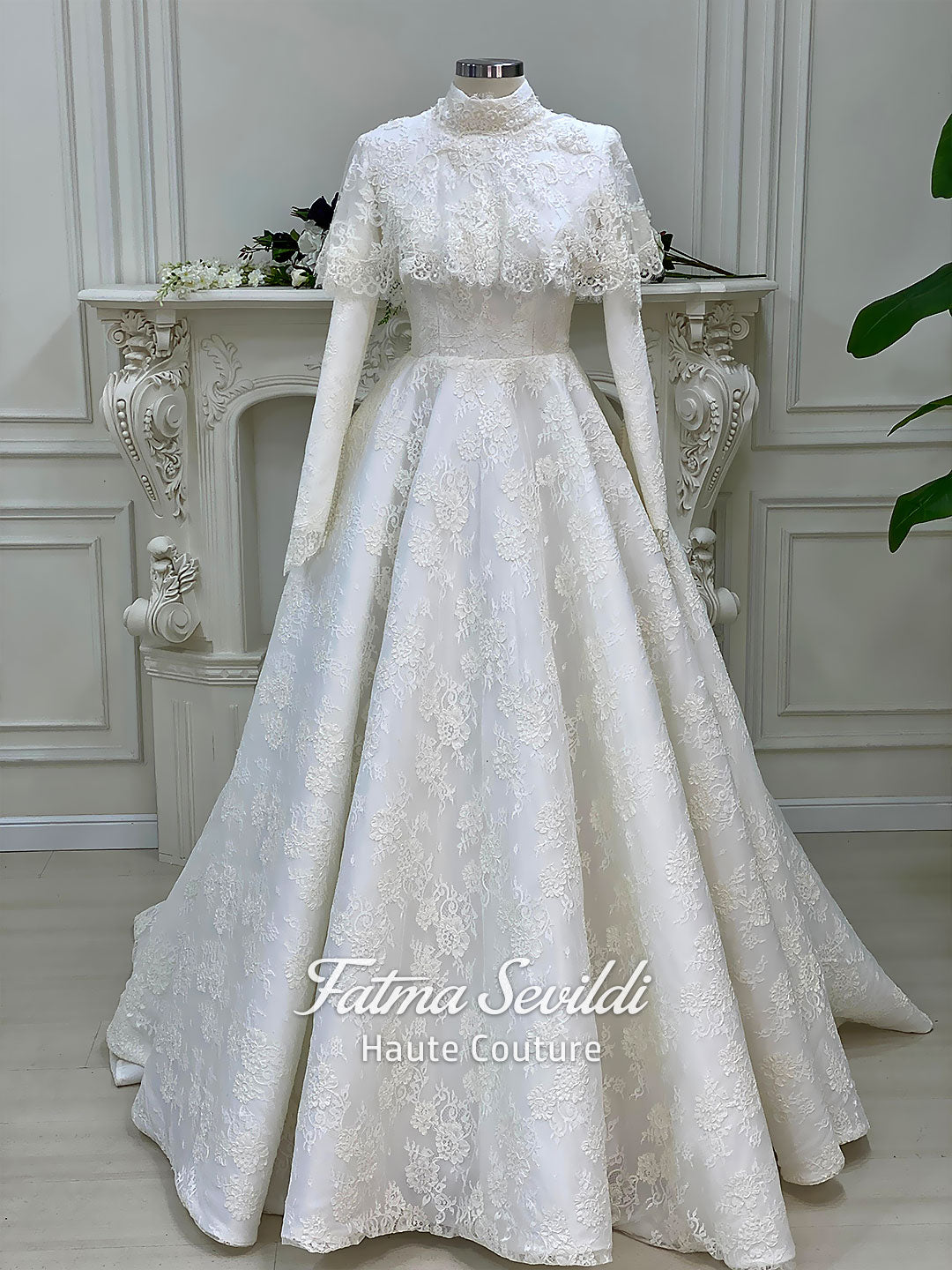 long sleeve hijab dresses Veiled Elegant Modest Wedding Dress, Lace Ball Gown, Haute Couture 50 / White long sleeve maxi dress Belt Size:50 new-site-batch-5 En Saison Ivory Floral