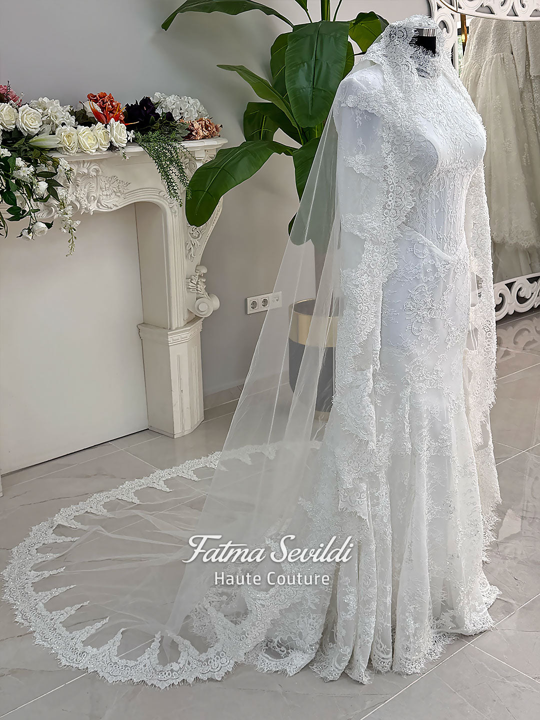 Luxury Hijab Wedding Dress, Mermaid Basque Corset, Long Sleeve Lace, V Fatma Sevildi Couture Luxury Hijab Wedding Dress, Mermaid Basque Corset, Long Sleeve Lace, V Fatma Sevildi Couture